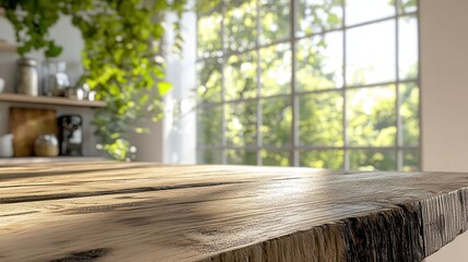 Clean rustic kitchen with natural wood table in sharp focus and blurred window adorned with greenery. Clean and bright kitchen background