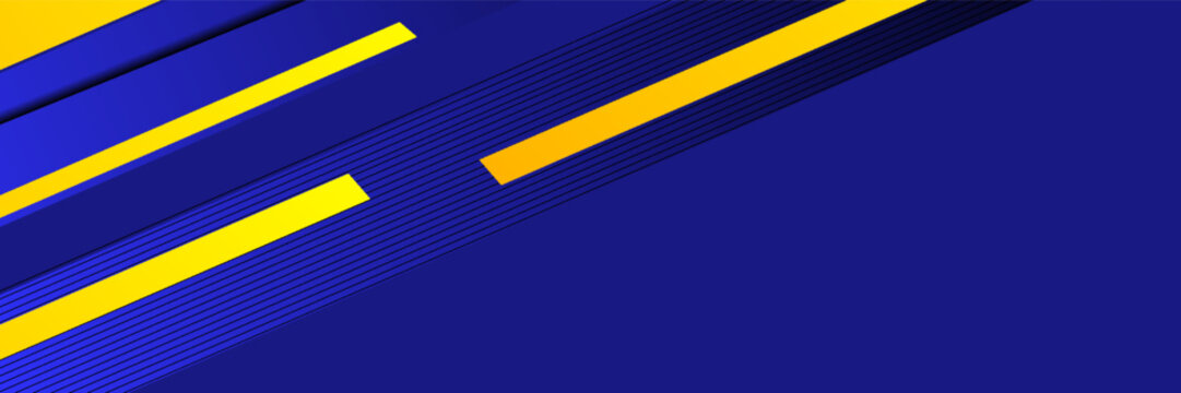 Abstract blue banner design vector, dynamic sporty horizontal background template with blue and yellow shapes for media promotion or web banner eps10