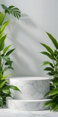 White Marble Podium with Lush Green Plants on White Background