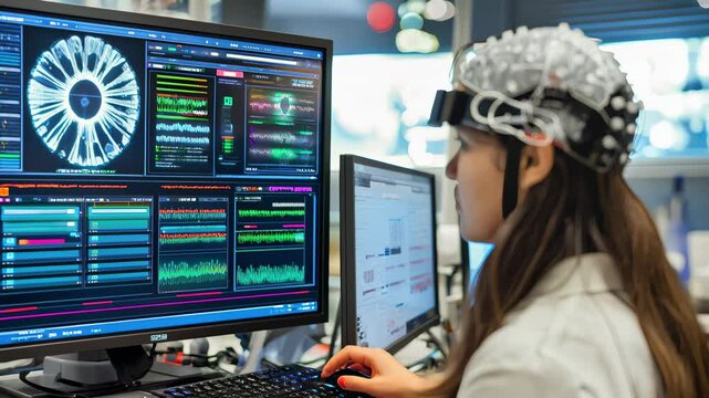 Neuroscience researcher using EEG cap for neurofeedback, cognitive performance enhancement, mental health protocols, and brain&ndash;computer interface studies