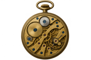 Vintage pocket watch mechanism, intricate gears and springs exposed, metallic details gleaming against transparent backdrop