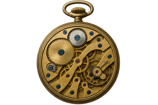 Vintage pocket watch mechanism, intricate gears and springs exposed, metallic details gleaming against transparent backdrop
