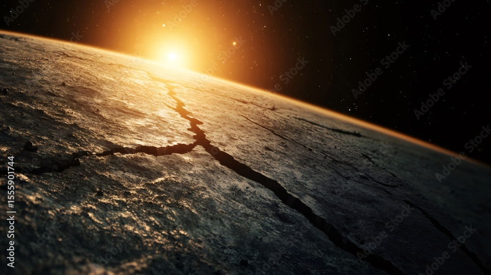 Poster Seismic waves splitting dry planetary terrain, revealing deep fracture spreading across barren ground during golden sunrise, demonstrating geological force transforming desolate surface