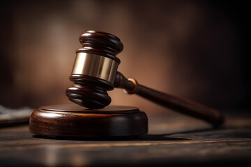 Sturdy gavel on polished wooden block symbolizes authority in a bright, professional courtroom setting.