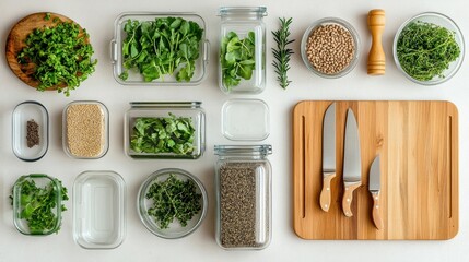 Natural eco kitchen with wood, ceramics and sustainable utensils in soft daylight, no people.
