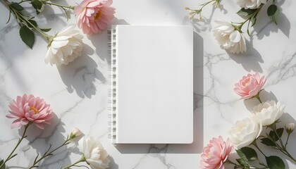 White Notebook Mockup with Pink and White Flowers on Marble Background