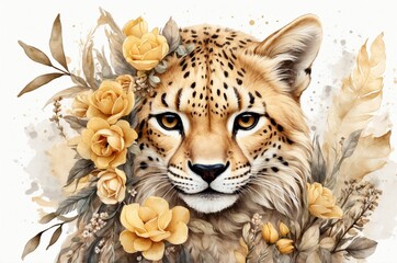 Obraz premium Stunning leopard portrait surrounded by elegant floral arrangement in warm tones