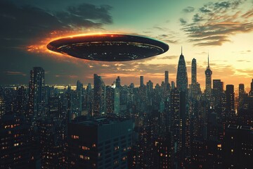 An unidentified flying object leaves a glowing trail over a bustling city skyline