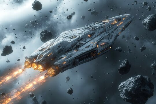 An alien spaceship flying through a dense asteroid field skillfully dodging the rocky obstacles