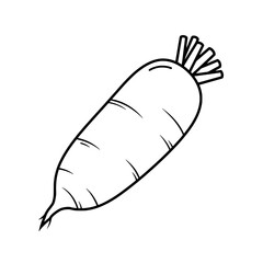 Daikon Radish: A minimalist black and white line art representation of a Daikon radish, isolated and ready for your design needs.