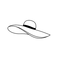 Elegant Sun Hat Silhouette: A minimalist black-and-white illustration of a stylish sun hat, exuding elegance and grace, ideal for adding a touch of sophistication to any design.