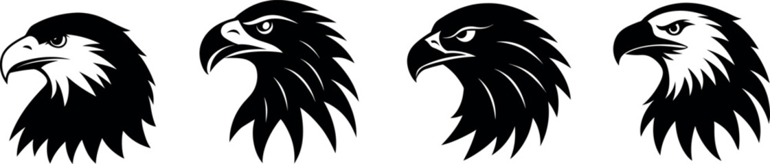 4 bald eagle heads in a row silhouette isolated on transparent background, 4th July concept