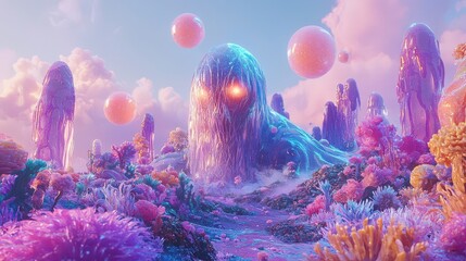 A surreal alien monster with translucent skin and floating orbs drifting through a vibrant otherworldly landscape filled with strange flora and fauna