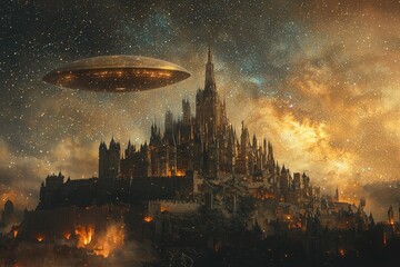 An unidentified flying object hovers above a medieval castle under a starry sky