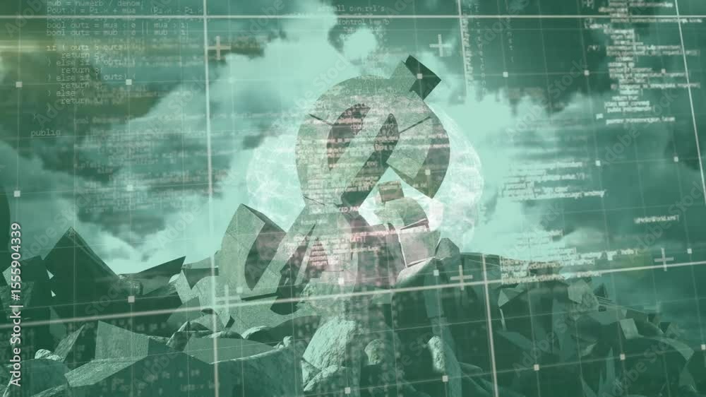 Poster on launch glowing arrow symbol emerging with grid sharpening and code scrolling for startup