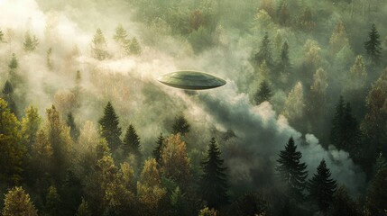 A UFO leaves a trail of smoke as it crashes into a remote forest