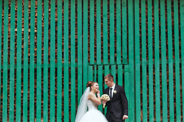 A bride and groom are standing in front of a green wall