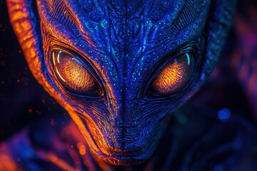 A close-up of an aliens intricate glowing tattoos under a soft otherworldly light