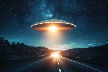 An unidentified flying object emits bright lights above a deserted highway under starry skies