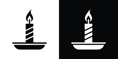 Fototapeta premium Lit Candle in Holder, Black and White Silhouette Illustration for Design Projects and Decorations