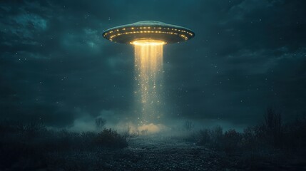 A UFO leaves a glowing trail as it ascends into the night sky