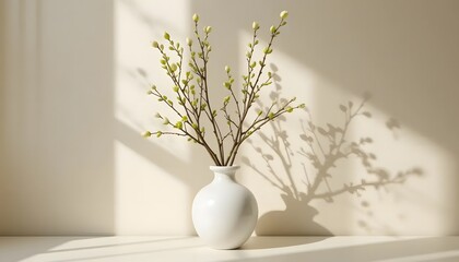 White Vase with Spring Branches Casting Shadows on Cream Wall