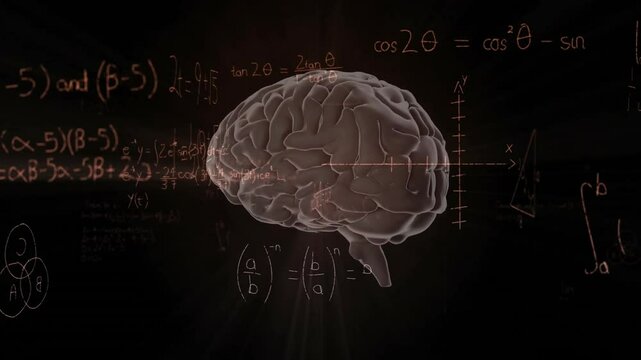 Opening dark void showing 3D brain rotating while math formulas appearing showing calculations