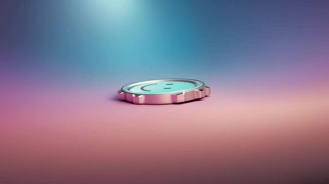 Bright green smiley face button with a metallic border against a vibrant pastel background