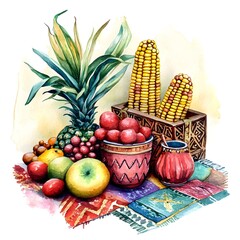 Colorful display of fruits and corn on a traditional textile in a warm setting