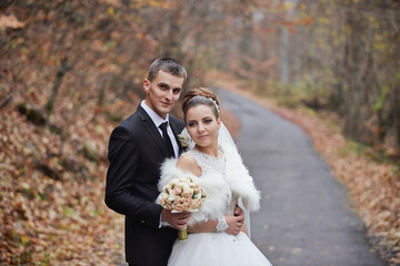 A bride and groom are posing for a picture in a forest
