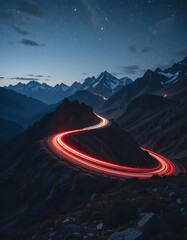 Winding Mountain Road with Light Trails at Night Under Starry Sky
