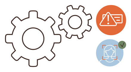 Interconnected gears next to an alert and facial recognition icons. Ideal for mechanics, automation, technology, safety, facial identification, AI, workflow processes. Represents a simple flat