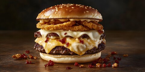 A decadent double cheeseburger with onion rings and bacon bits on a dark surface close up shot