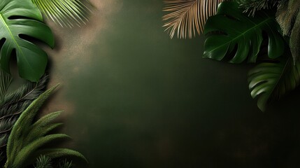 Exotic green monstera and palm leaves with a natural frame on a pastel backgrounds, free copy space