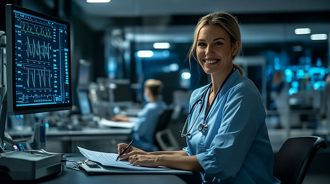 Beautiful Female Doctor Filing Patient Paperwork Diagnosis Data