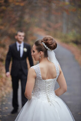 A bride and groom are standing on a path, with the bride wearing a white dress