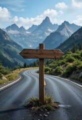 Wooden Arrow Signpost on Dark Asphalt Road Leading Through Mountain Landscape