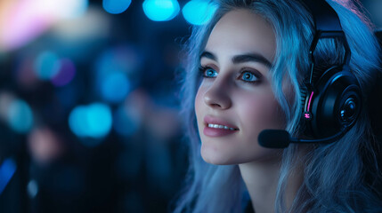 A woman wearing a headset and smiling