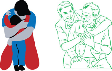 Cartoon vector illustration of people, a woman silhouette, and a loving couple drawing