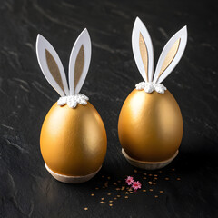 Obraz premium Golden Easter Eggs with Bunny Ears: Luxurious Holiday Decor for a Stylish Spring 
