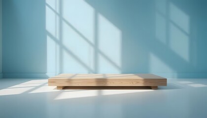 Wooden Platform on White Floor Against Blue Wall with Sunlight and Window Shadows