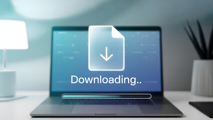 An open laptop displaying a download progress on the screen with an arrow icon, modern technology concept showing data transfer, and file downloading on a bright table surface.