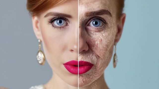 Comparison of youth and aging in a split-screen transformation highlighting beauty and time at a studio setting