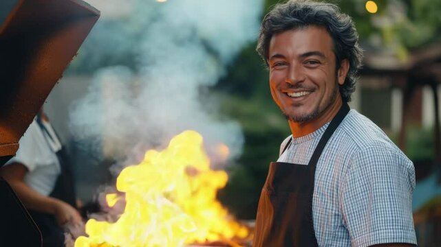 Cheerful grill master cooks delicious food at backyard barbecue gathering in summer evening