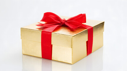 Fototapeta premium Golden gift box with red ribbon bow, elegant and festive, symbolizing luxury and celebration