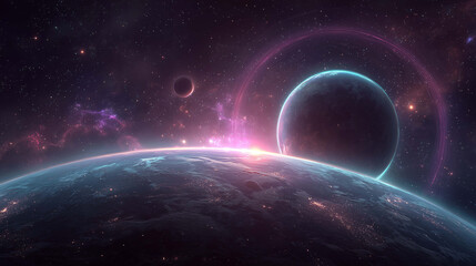 Vibrant planetary scene with Earth and Mars glowing in neon space colors, calm and majestic