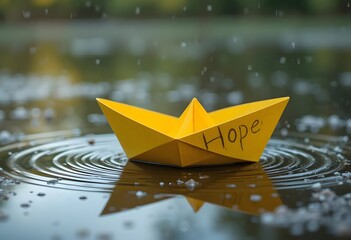 Yellow Paper Boat with Hope Inscription Floating on Rain Puddle