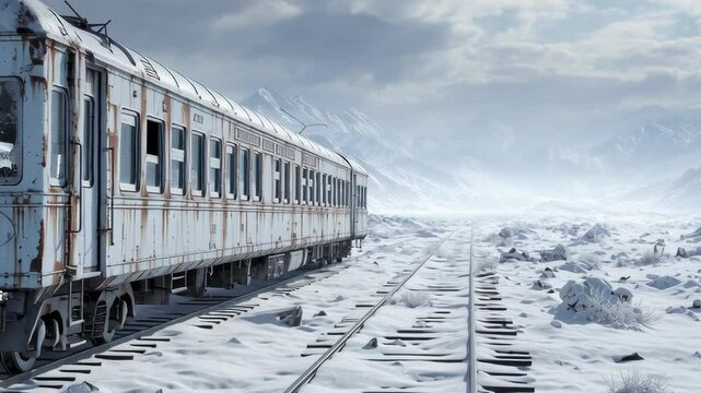 An abandoned train car sits on snow-covered tracks in a desolate winter landscape surrounded by mountains, evoking isolation, decay, and the passage of time.