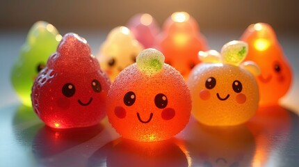 Different cheerful gummy candy figures in various colors sit together on a bright backdrop, 3d render