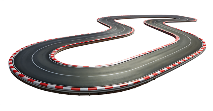 A winding asphalt race track with red and white curbs curving right isolated on a transparent background